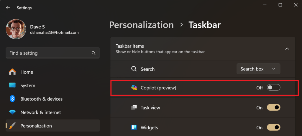 If you simply want to hide the Copilot icon from the taskbar, you can do so in Settings: Open the Settings (Win + I). Click on the Personalization option. Here, you will see a toggle called Copilot (preview). Turn it off. .