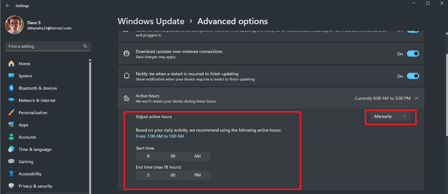 active hours in windows 11