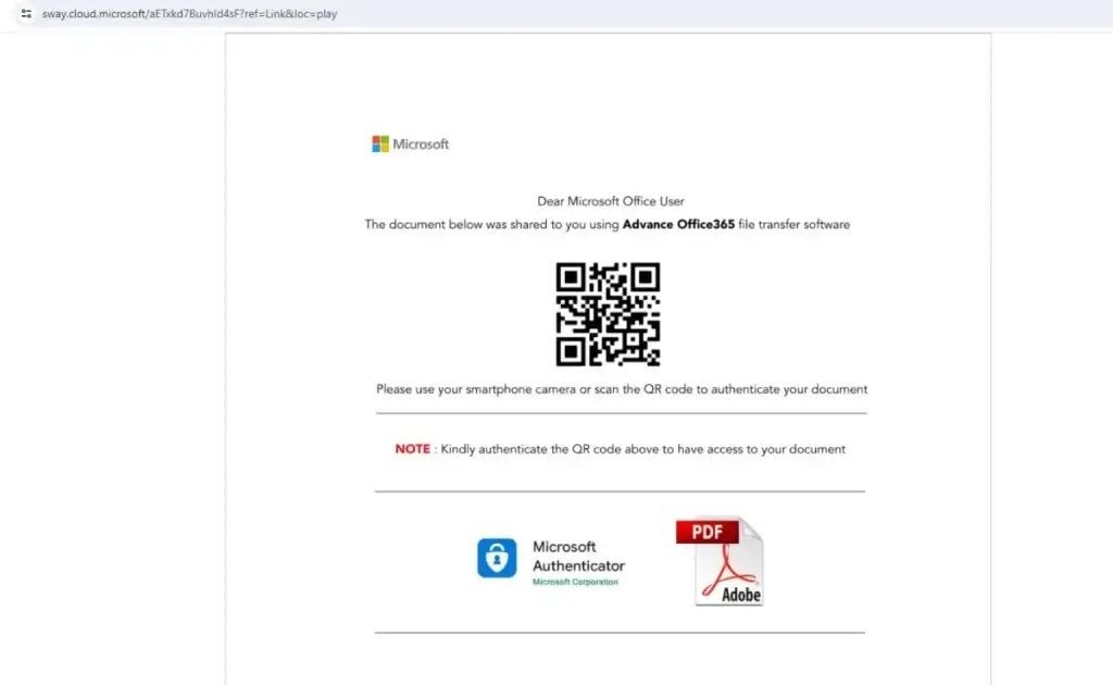 Microsoft Sway is being exploited by a QR code phishing campaign to steal Microsoft 365 credentials