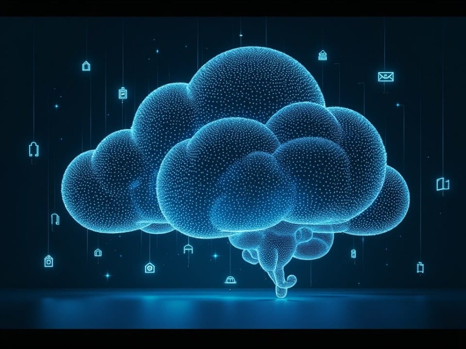 a blue glowing cloud with icons from it, Microsoft reveals ambitious $80 billion AI investment plan for 2025